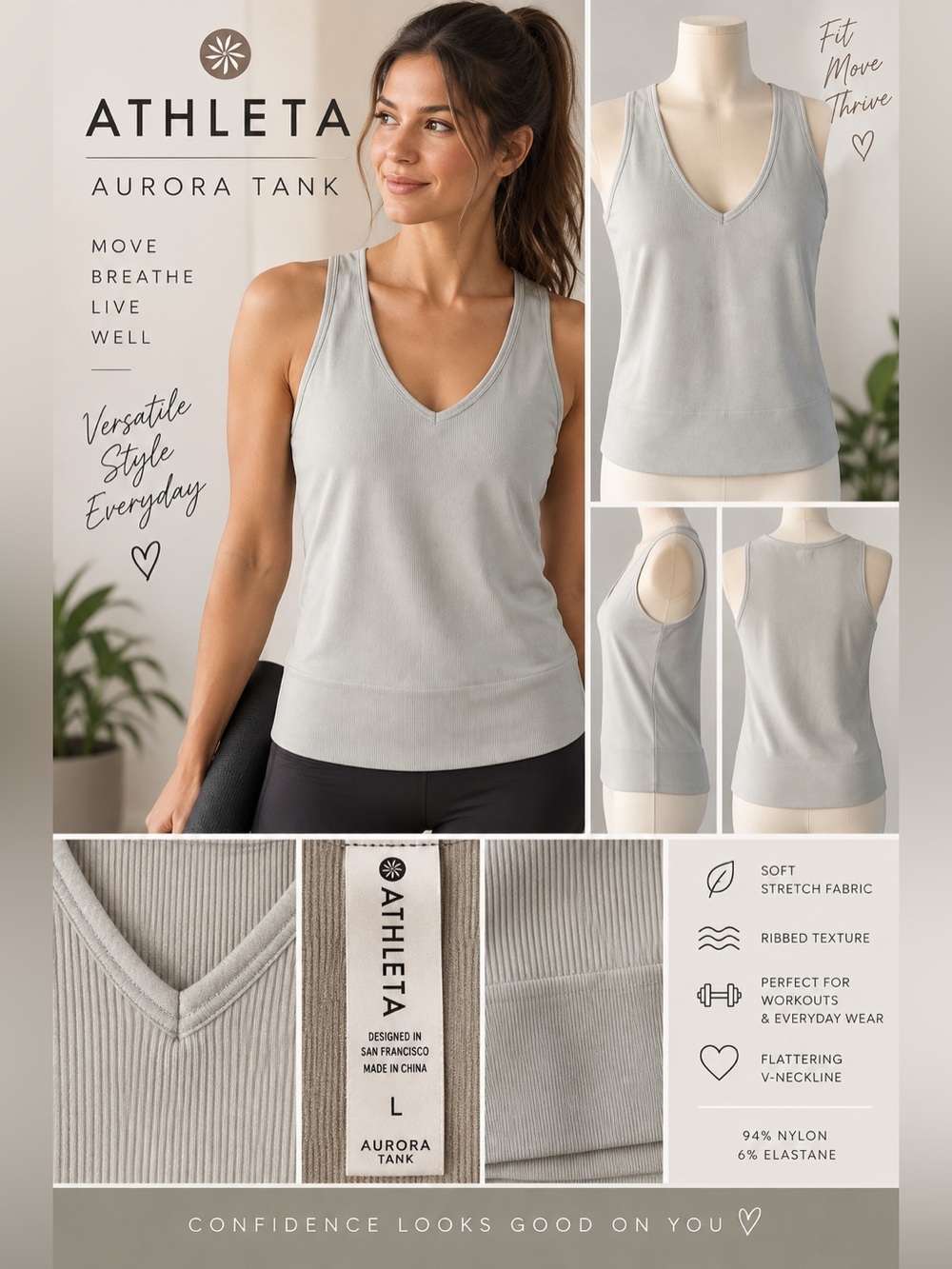Athleta Aurora Rib Tank Top Size L Gray V Neck Stretch Activewear Yoga